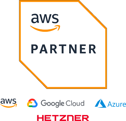 AWS Partner badge above logos of AWS, Google Cloud, Azure, and Hetzner, indicating cloud service collaboration.