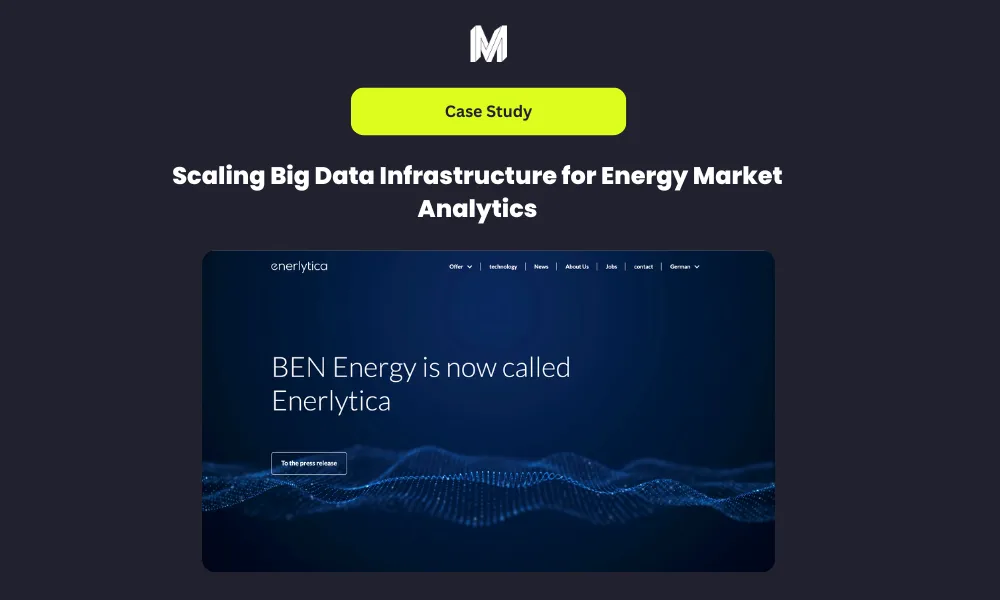 Website screenshot with a case study on scaling big data for energy market analytics. BEN Energy is now called Enerytica, with a dark blue background.