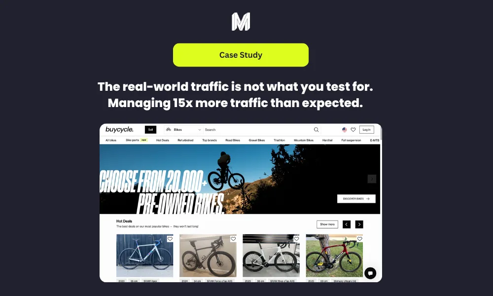 A case study webpage showing a bicycle website with a headline about managing 15 times more traffic than expected.